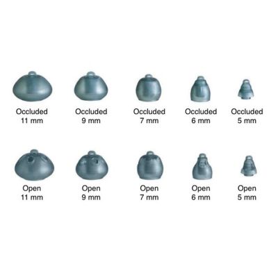 Starkey Comfort Buds showing sizes 5 mm through 11 mm in open and occluded styles